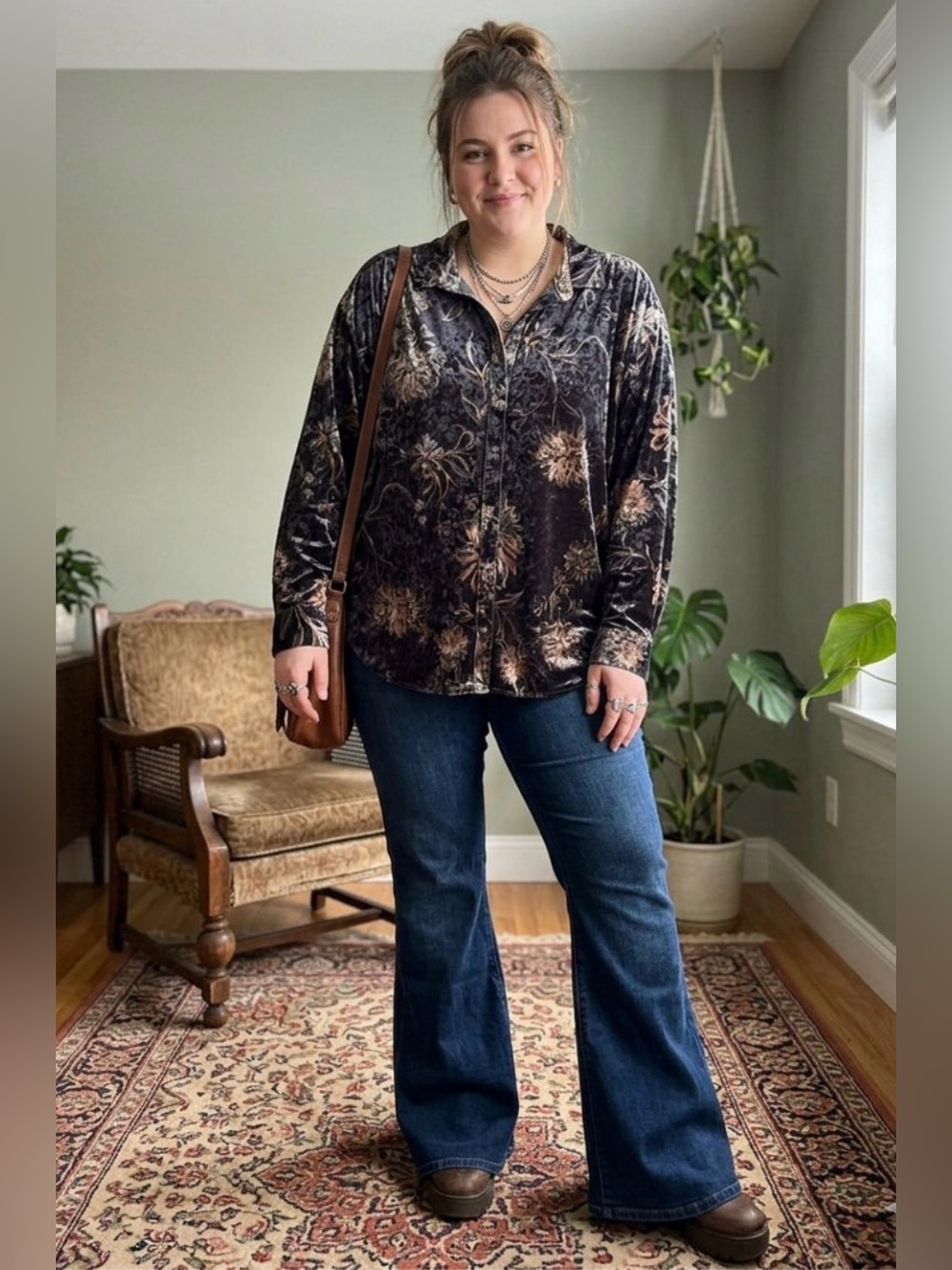 Wonderly Velvet button up Tunic high low Top XXL